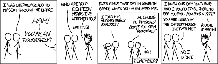 xkcd 725: “literally” != “figuratively” ; and is often redundant